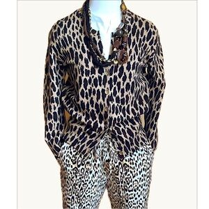 JONES NEW YORK Brown Leopard Cotton Knit Cardigan Size M